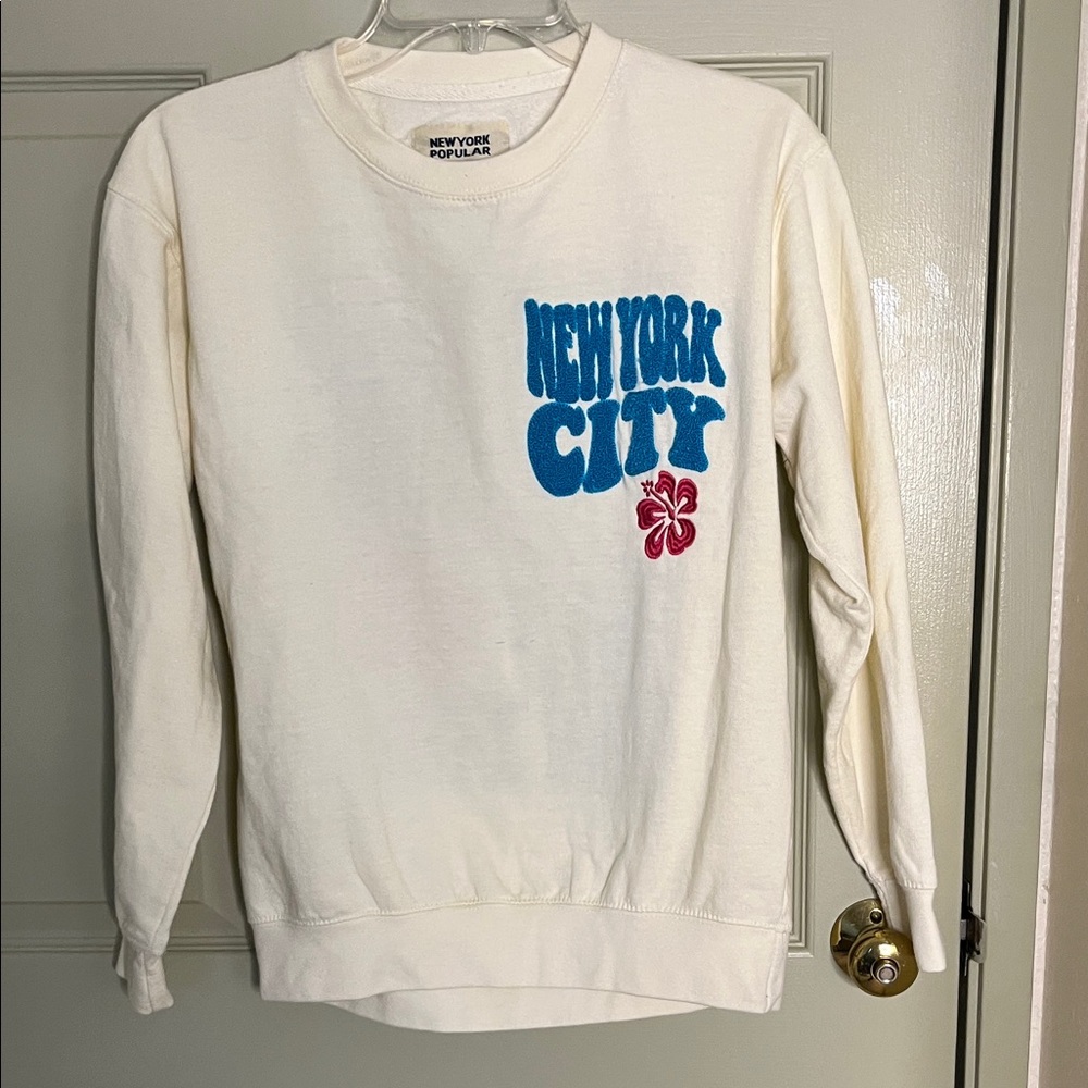Cream Crewneck Sweater with Blue Graphic